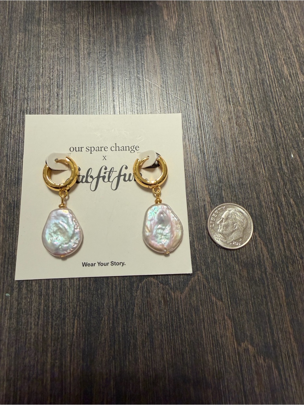 Gold Hoop Earrings with Iridescent Pearl Drops NWOT - Picture 3 of 3
